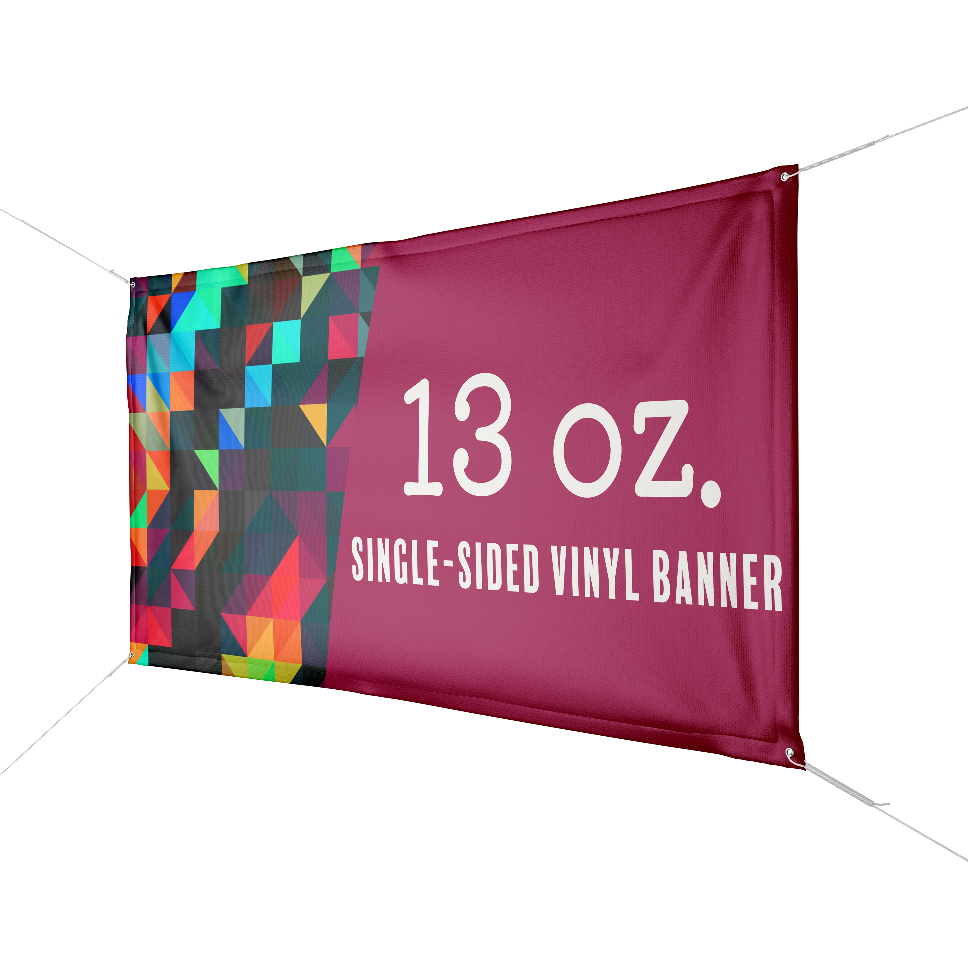 A colorful banner is displayed to show an example of a 13 oz vinyl banner.