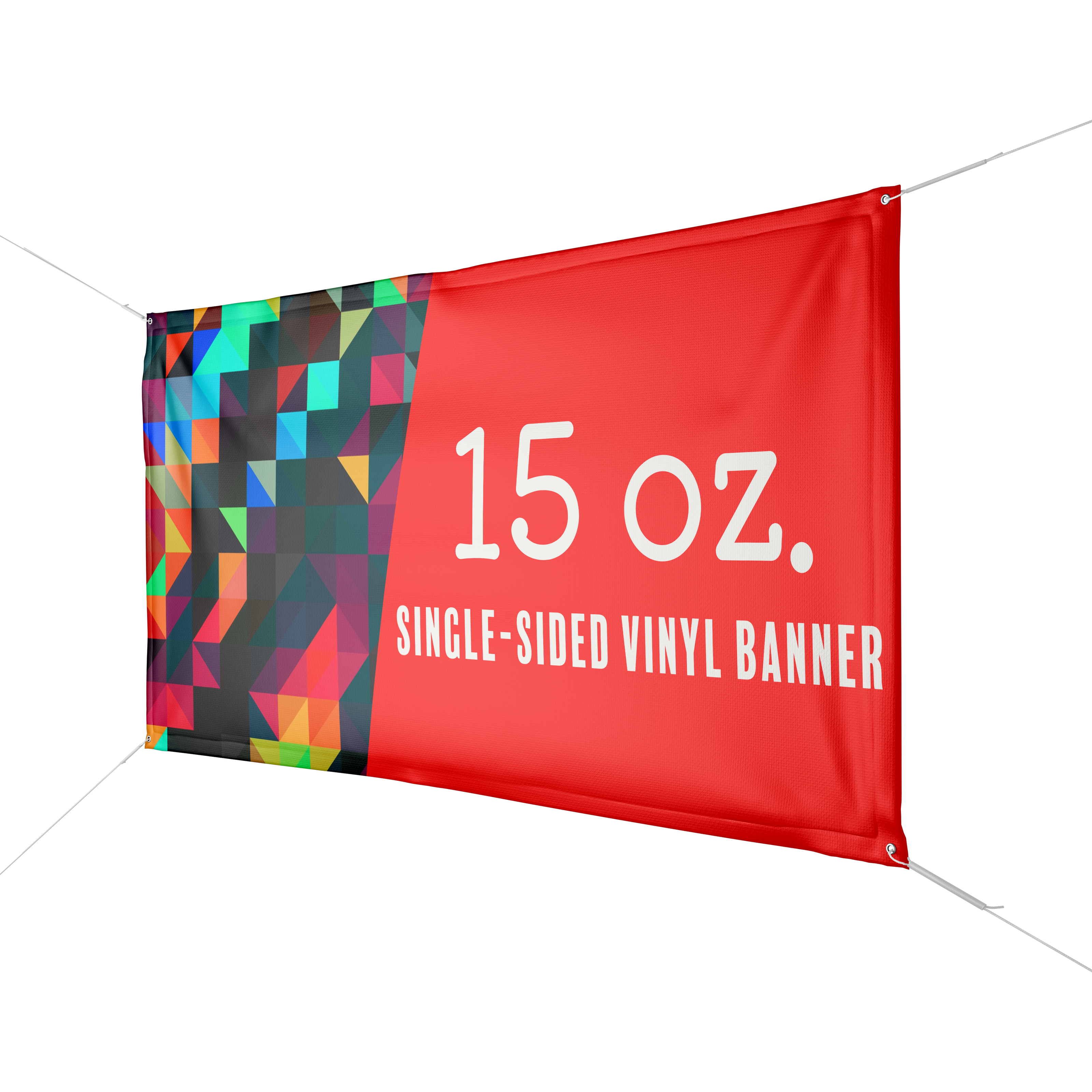 A colorful banner is displayed to show an example of a 15 oz vinyl banner.