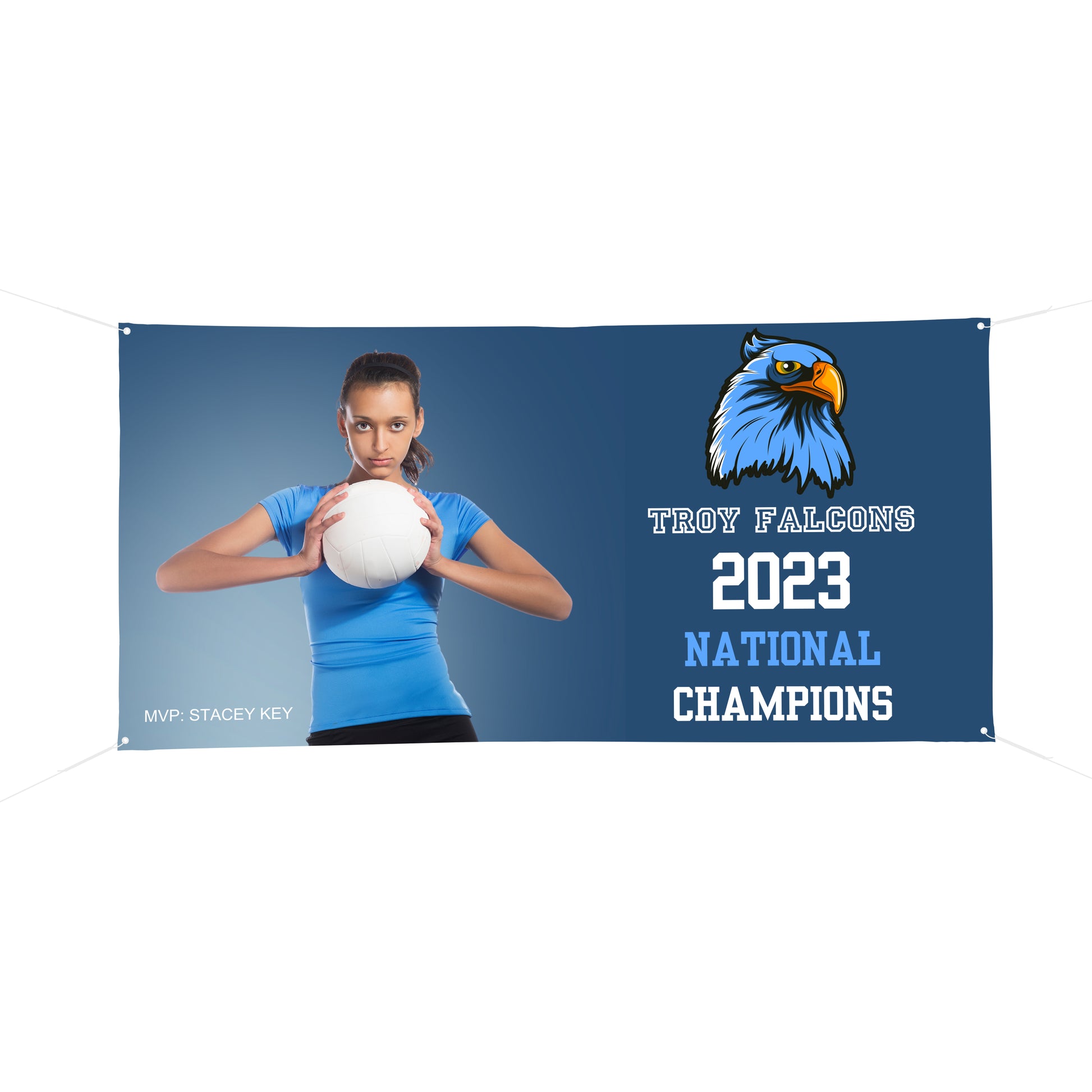 Blue volleyball banner with a blue falcon mascot and a young high school aged volleyball player holding a volleyball. The banner is made to celebrate the Troy Falcons Volleyball National Championship