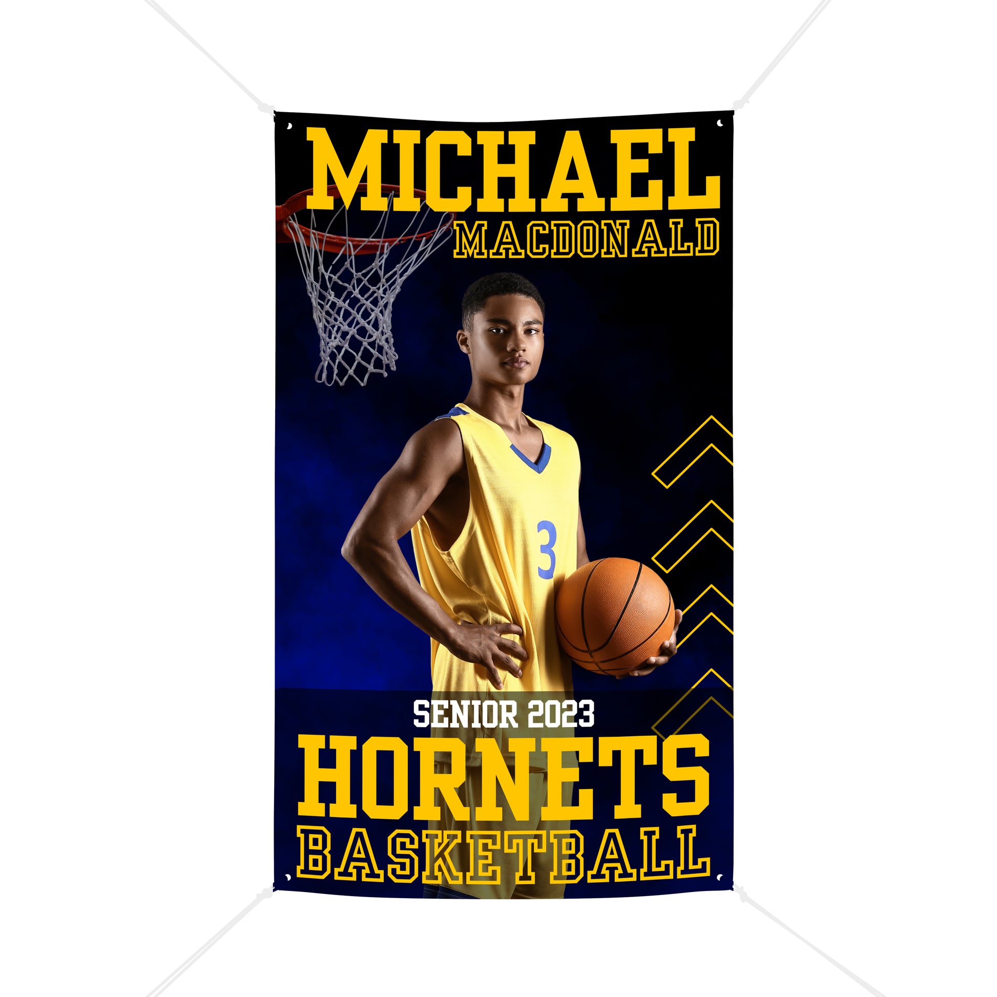 Blue and gold sports banner with a basketball player in a gold uniform holding a basketball. The banner is for his senior night as a high school varsity player.