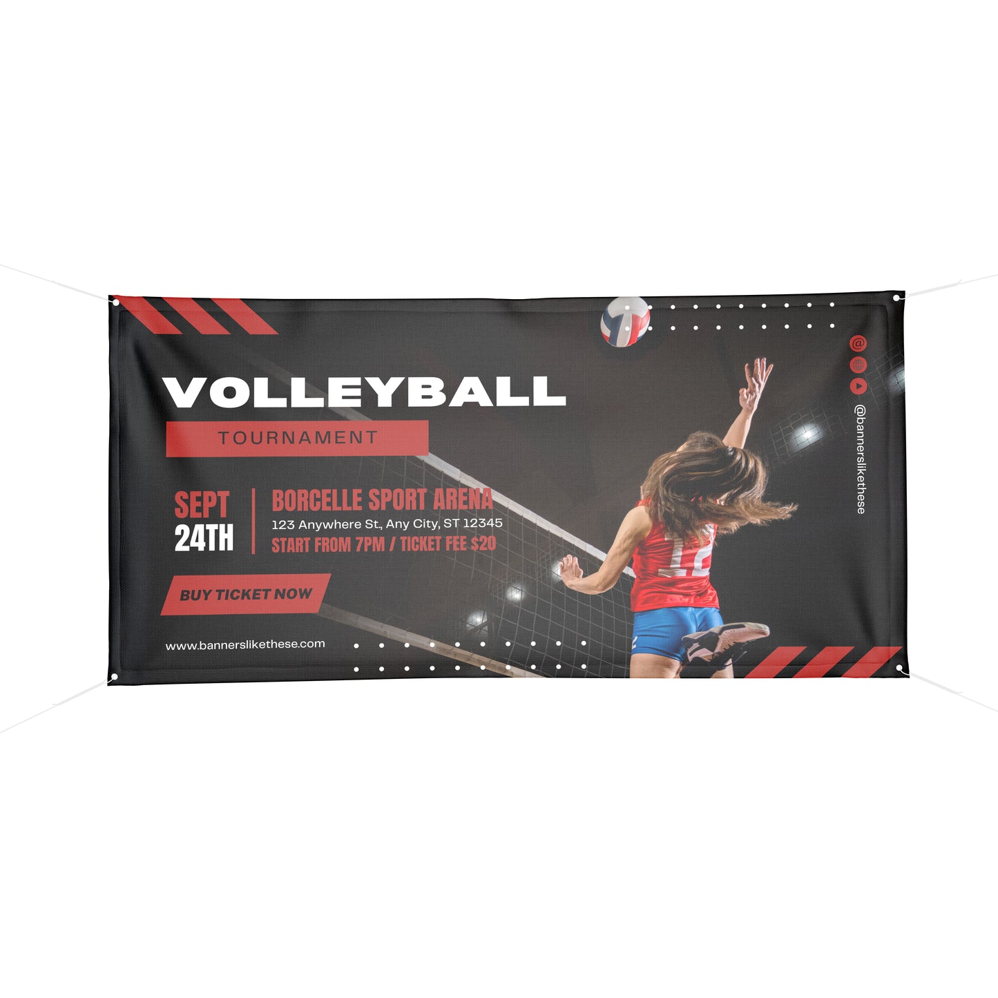 A red and black banner announcing a volleyball tournament. The tournament took place sept 24, 2023. A picture of a female volleyball player in a red and blue uniform spiking the volleyball over a net is added to the banner. 